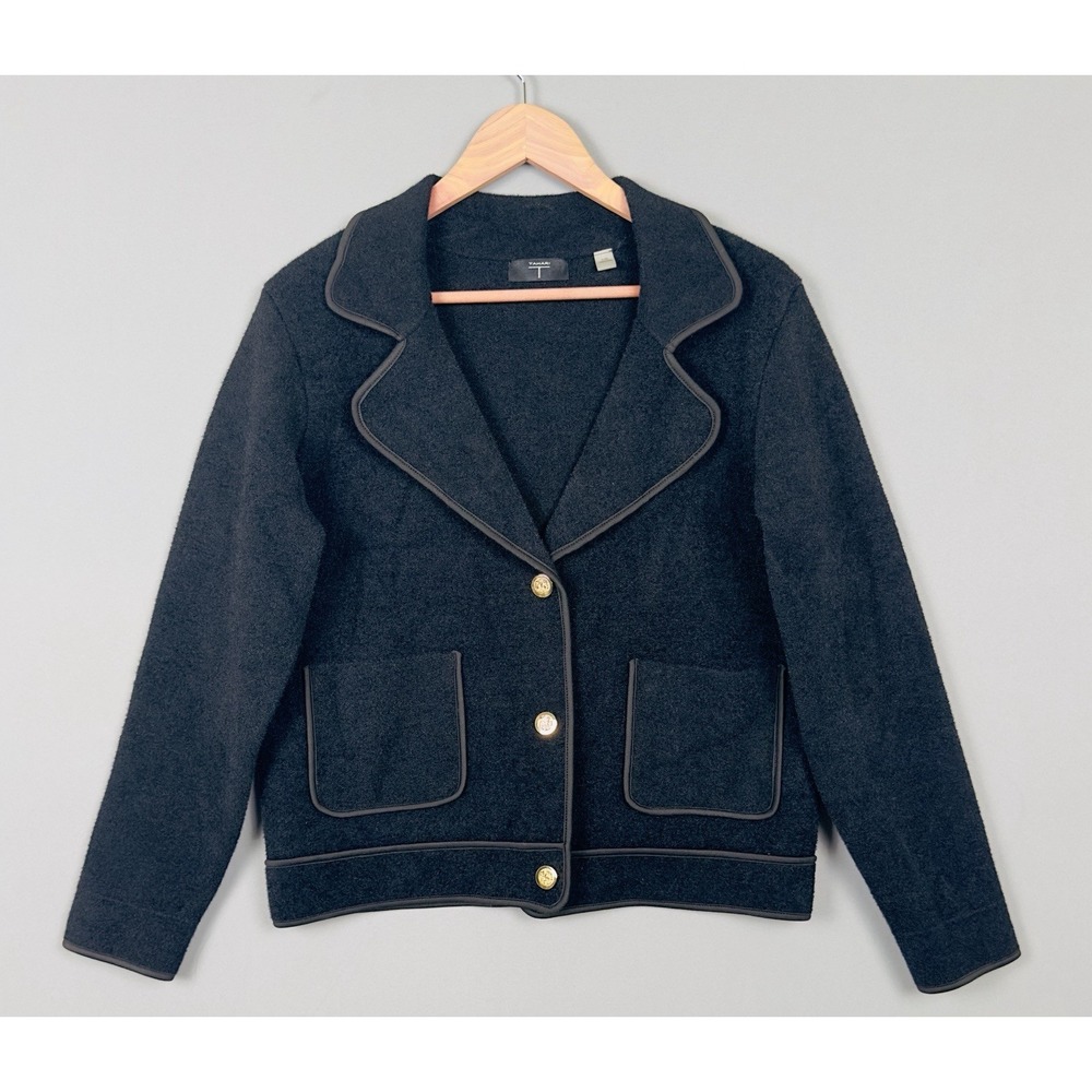 Tahari Black L Knit Blazer / Jacket Gold Crest Buttons Women's Y2K Early 2000's